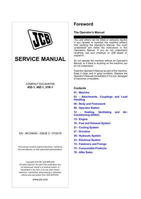 Service Manual Jcb 45z 1 48z 1 51r 1 Compact Excavator