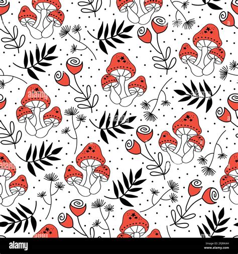 Mushroom Fungi Seamless Vector Repeat Pattern Line Art Mushrooms