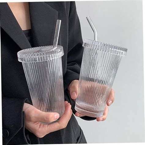 Ribbed Glass Coffee Cup With Straw Ml Iced Coffee Cup Tumbler