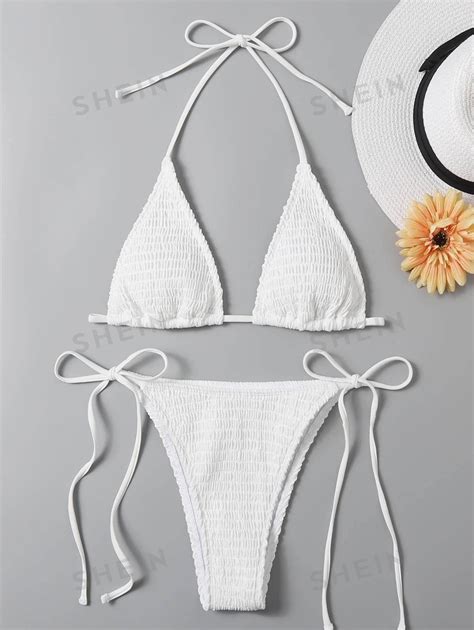 Shein Swim Summer Beach Mono Bikini Set Smocked Micro Triangle Bra