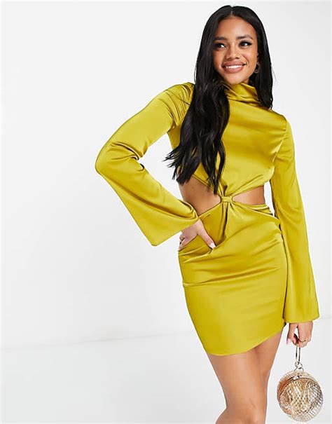 Naanaa High Neck Cut Out Satin Dress In Chartreuse Green Asos