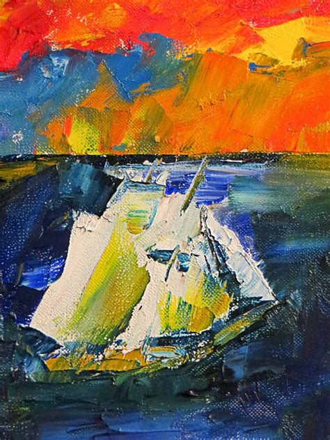 Sailing Ship on a Sunset Background, Oil Painting Stock Photo - Image ...