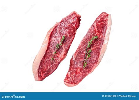 Uncooked Raw Top Sirloin Cap Or Rump Beef Meat Steaks On A Butcher