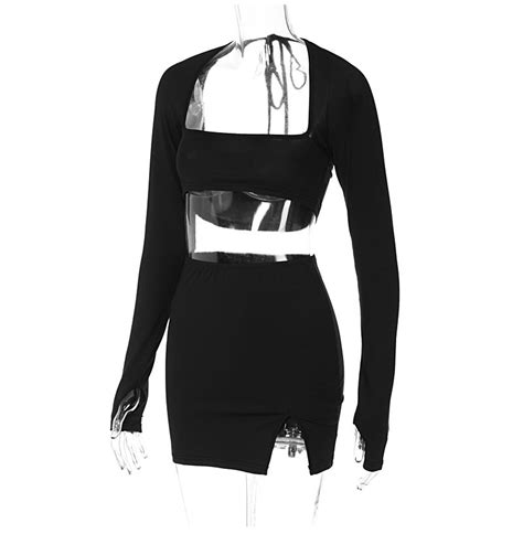 Sexy Backless Mini Dress Suit Long Sleeve Crop Top Split Bodycon