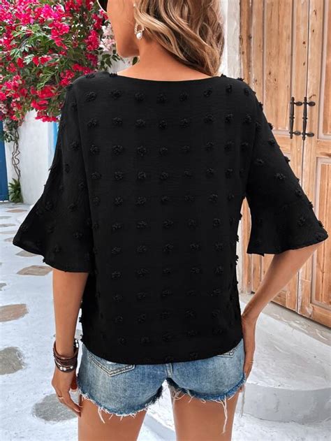 Shein Vcay Swiss Dot Flounce Sleeve Blouse Shein Usa