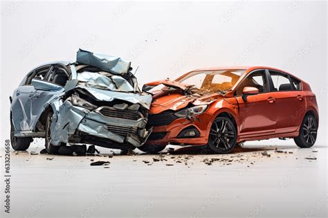 Two Cars Accident Violently Facing Each Other On Isolated White