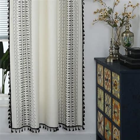 Deeprove Boho Curtain 63 Inches Length For Bedroom White Crem Cotton Linen Black