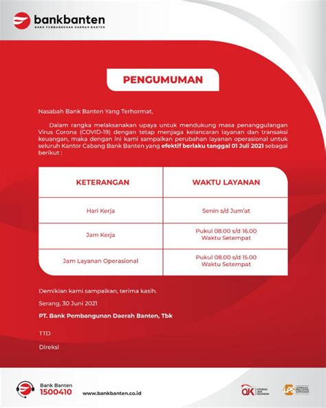 Dukung PPKM Darurat Bank Banten Lakukan Penyesuaian Jam Layanan Bank