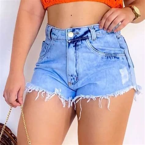 Short Jeans Feminino Hot Pants Cintura Alta Desfiado Parcelamento Sem