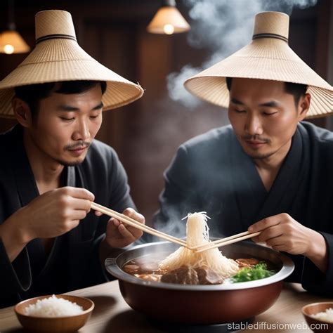 Two Men Enjoying Hot Pot In Traditional Headwear Stable Diffusion Online
