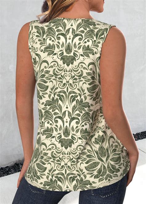 Sage Green Embroidery Tribal Print Sleeveless Tank Top Modlily