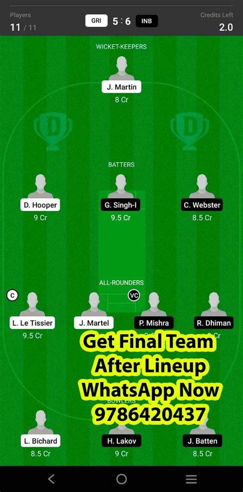 Gri Vs Inb Th Match Dream Team Fantasy Prediction European Cricket