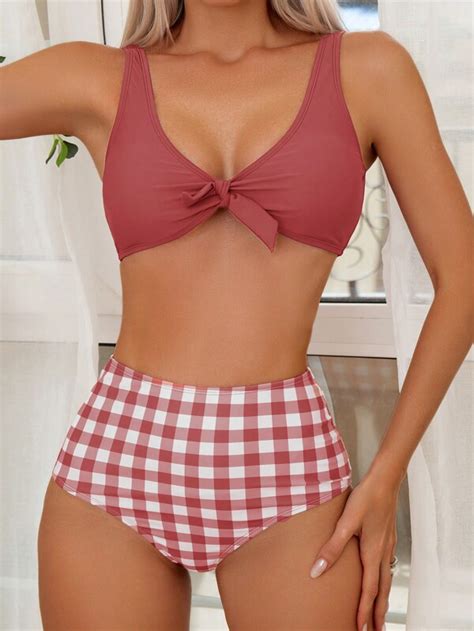 SHEIN Swim Vcay Gingham Knot Front High Waisted Bikini Swimsuit SHEIN USA