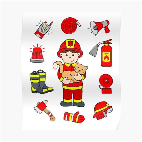 "Boy as Fireman with Cat and Firefighter Accessories" Poster for Sale ...