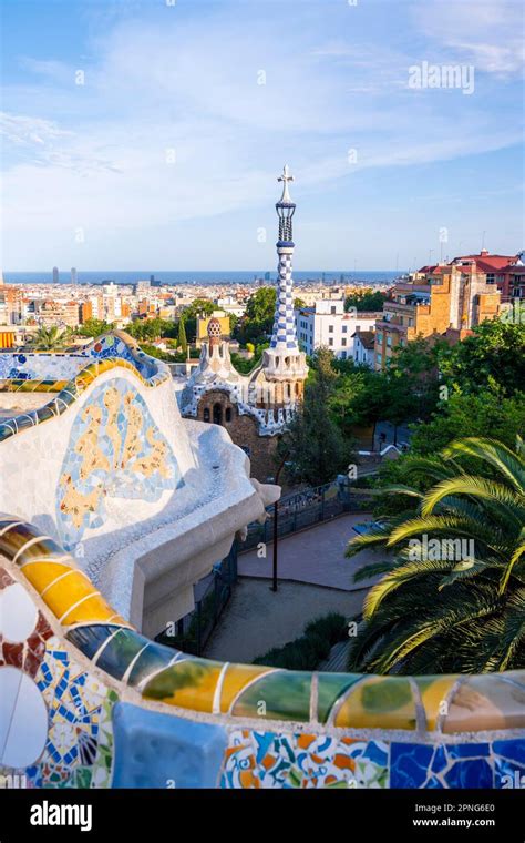 Benches With Mosaic Entrance Building At The Back Pabellon De