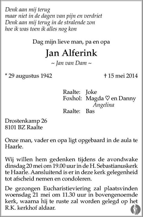 Jan Jan Van Dam Alferink 15 05 2014 Overlijdensbericht En