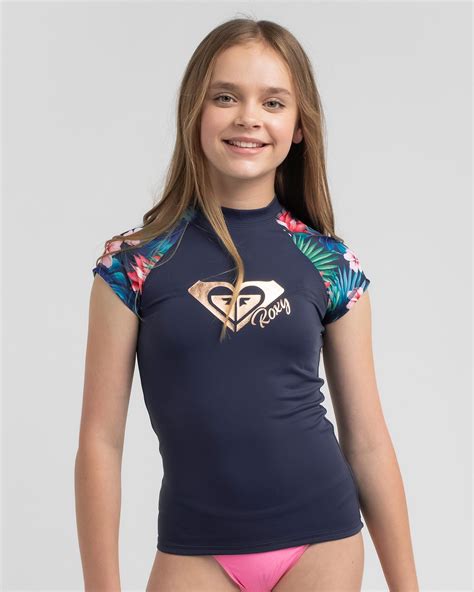 Shop Roxy Girls Oahu Short Sleeve Rash Vest In Oahu Floral Mood Indigo