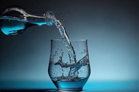 El Agua Se Vierte En Un Vaso De Una Botella Sobre Un Fondo Azul Foto