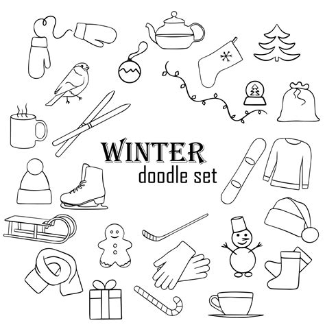 Black And White Winter Set Doodles Winter Entertainment Icons Hand