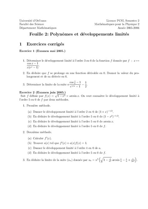 Développement Limité Exercices Corrigés Pcsi