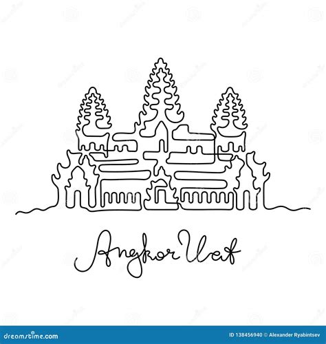 Angkor Wat Temple Ruins Vector Hand Drawn Black And White Illustration