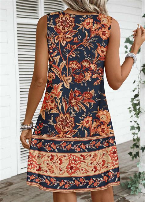 Dark Blue Circular Ring Floral Print Sleeveless Dress
