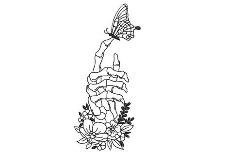 Skeleton Hand With Butterfly And Flower Embroidery Design Skeleton