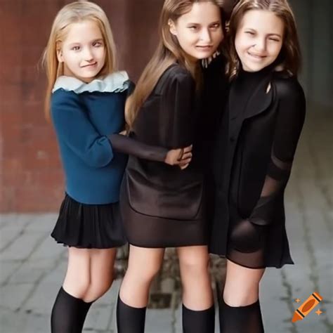 Stylish Group Of Preteen Girls Wearing Skirts And Black Pantyhose On