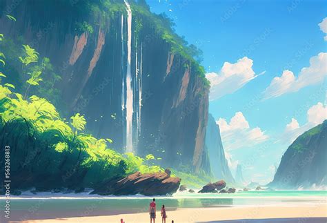 A Beautiful Beach Scene With A Little Waterfall Anime Illustration