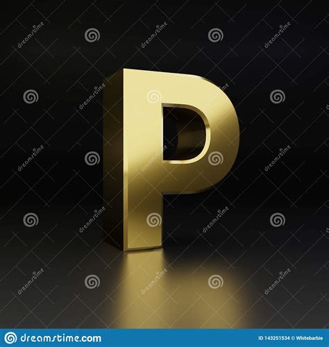 Golden Letter P Uppercase 3d Render Shiny Metal Font Isolated On Black