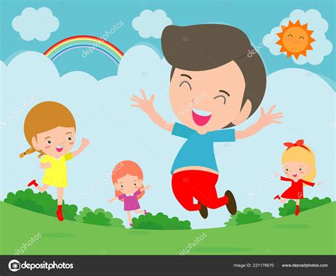 Kids Jumping Joy Happy Jumping Kids Happy Cartoon Child Playing — Stock