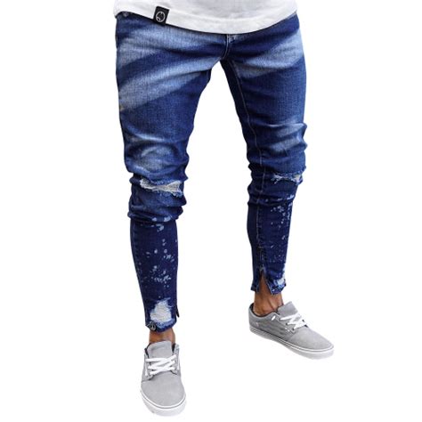 Homens Pintura Zipper De Slim Afligido Cal As Jeans Para Daily Outdoor