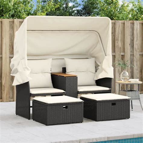 Omabeta Canap De Jardin Places Avec Auvent Et Tabourets Noir Rotin