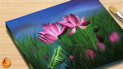 A Painting Of Pink Flowers On A Wooden Surface With Paintbrushes Next To It