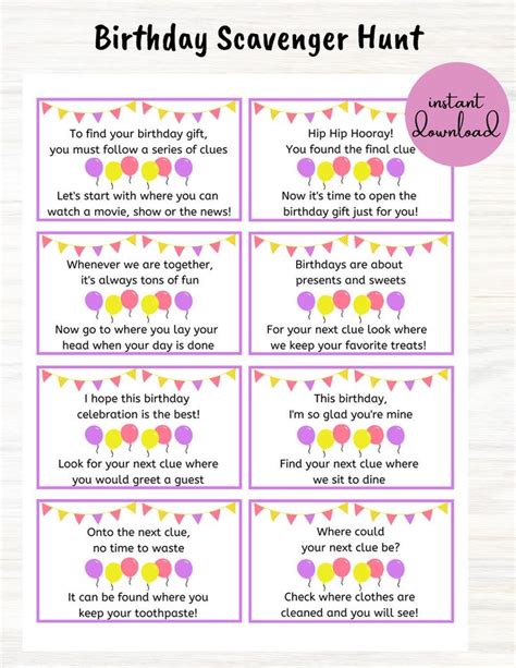 Birthday Scavenger Hunt Clue Cards Birthday Treasure Hunt Etsy India