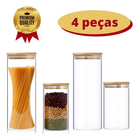 Kit 4 Potes Porta Mantimentos De Vidro Tampa Bambu 1l E 1 7l Frete grátis