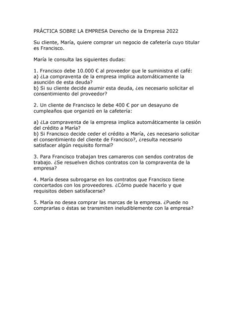 Práctica Tema3 Práctica Tema 3 Pr䄃Āctica Sobre La Empresa Derecho De La Empresa 2022 Su