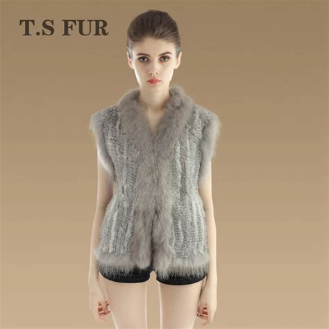 2017 New Genuine Knitted Rabbit Fur Vest With Real Raccoon Fur Collar Sleeveless Jacket Women