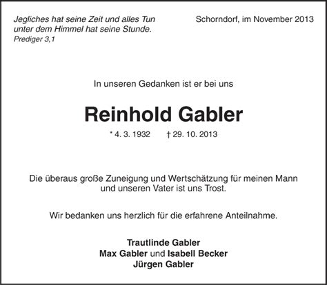 Traueranzeigen Von Reinhold Gabler ZVW Trauer