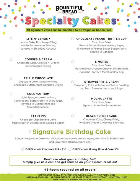 Custom Cakes Menu Old Bountiful Bread