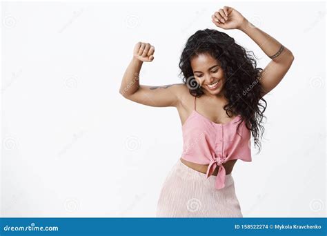 Fun Party Wellbeing Concept African American Curly Haired Girl In