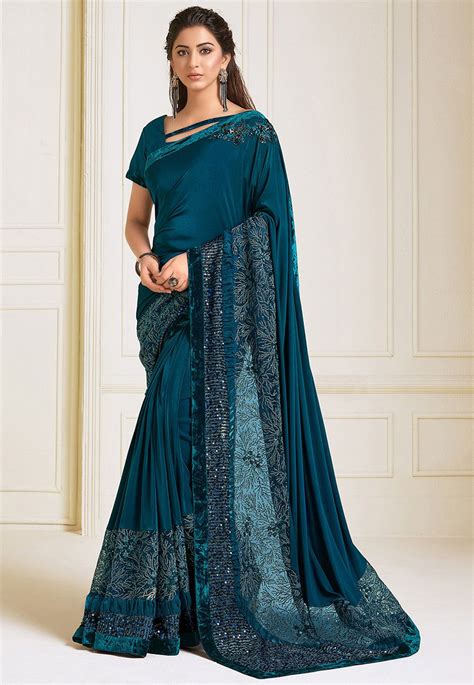 Embroidered Lycra Saree In Teal Blue In 2021 Raw Silk Saree Saree