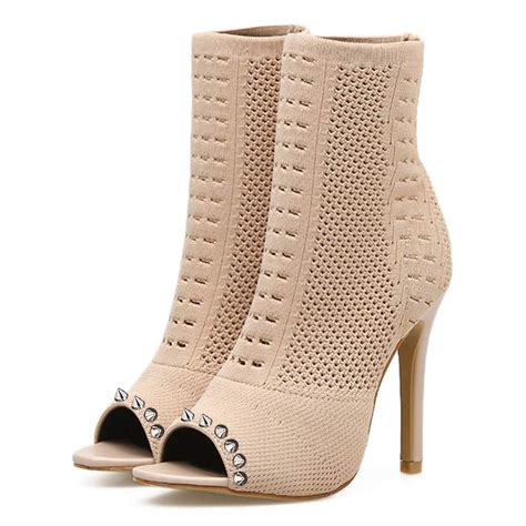 Nude Open Toe Stiletto Heel Ankle Boots For Summer