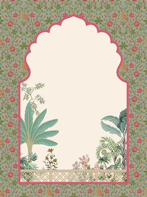 Traditional Mughal Frame Wallpaper In Floral Cards Design