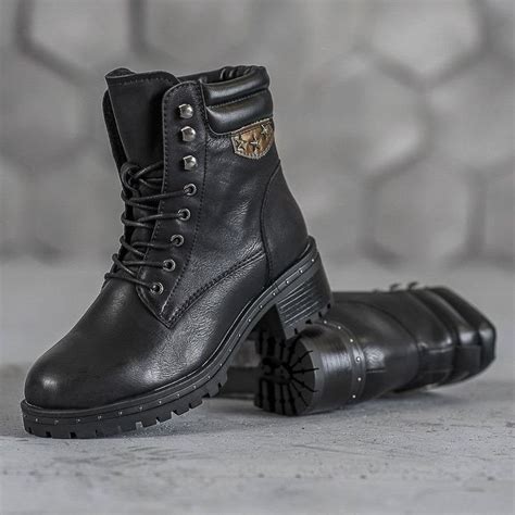 SHELOVET Militarne Botki Na Słupku czarne Boot shoes women Black