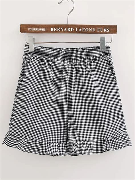 Elastic Waist Checkered Ruffle Hem Shortsfor Women Romwe