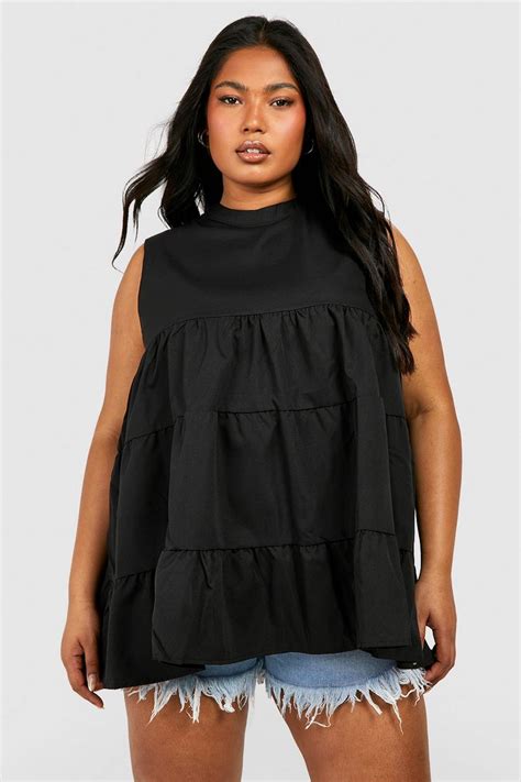 Plus Woven Sleeveless Tiered Smock Top Boohoo Uk