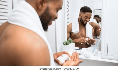 Smiling Afro Man Naked Torso Squeezing Stock Photo 1403962685