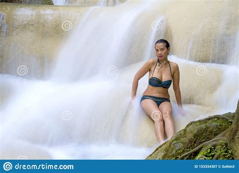 Woman Pretty Sit Relax In Waterfall And Bikini Stock Image Image Of