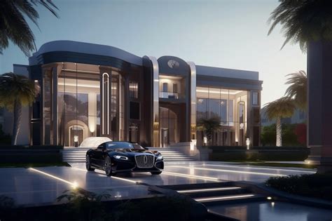 Premium AI Image A Luxury Villa With A Car Parked In Front Of It